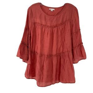 Bohemian Top Coral Tiered Ruffle Bell Sleeve 3/4 Sleeve Cato Size S Lightweight